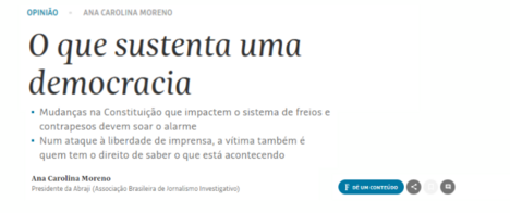 Leia o artigo da Abraji publicado na Folha: 'O que sustenta uma democracia'