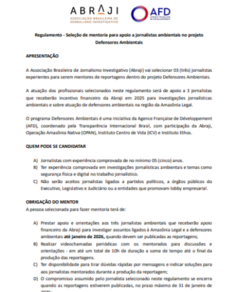 Seleção de mentoria para apoio a jornalistas ambientais no projeto Defensores Ambientais