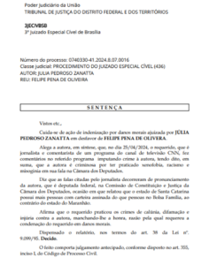 Sentença da ação de indenização por danos morais ajuizada por JÚLIA PEDROSO ZANATTA