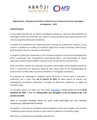 Regulamento - Seleção de jornalistas ambientais para financiamento de reportagens investigativas - 2025 